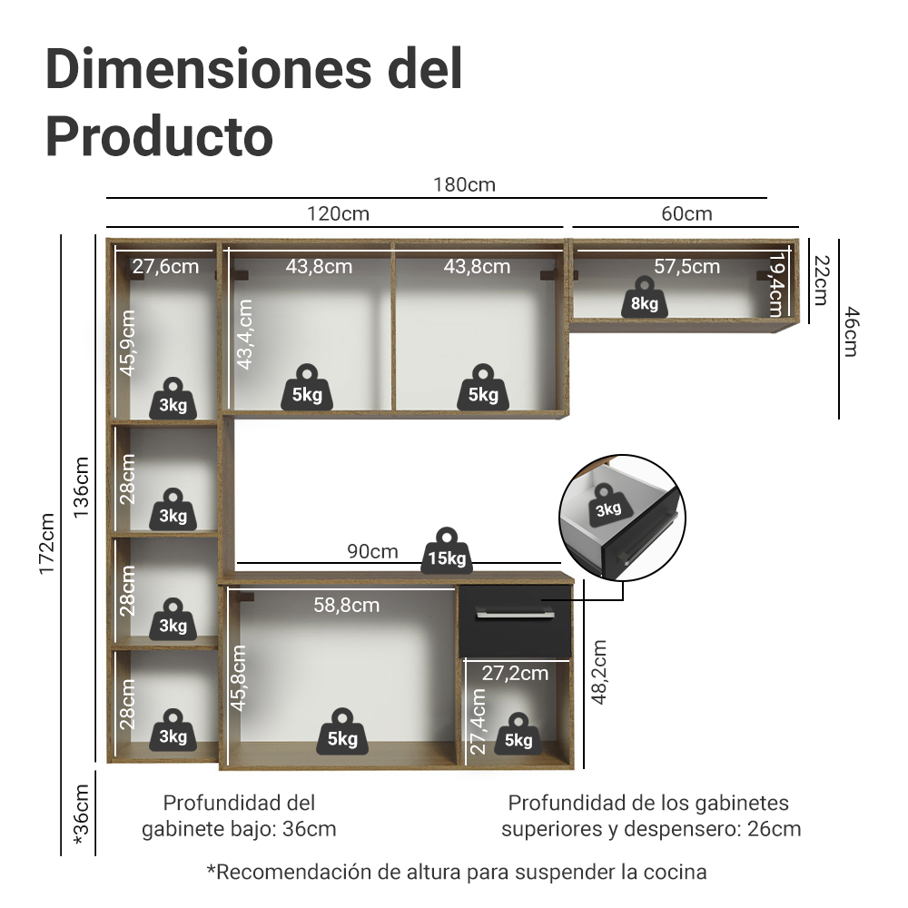 Cocina Compacta 180cm Marron/Negro Easy