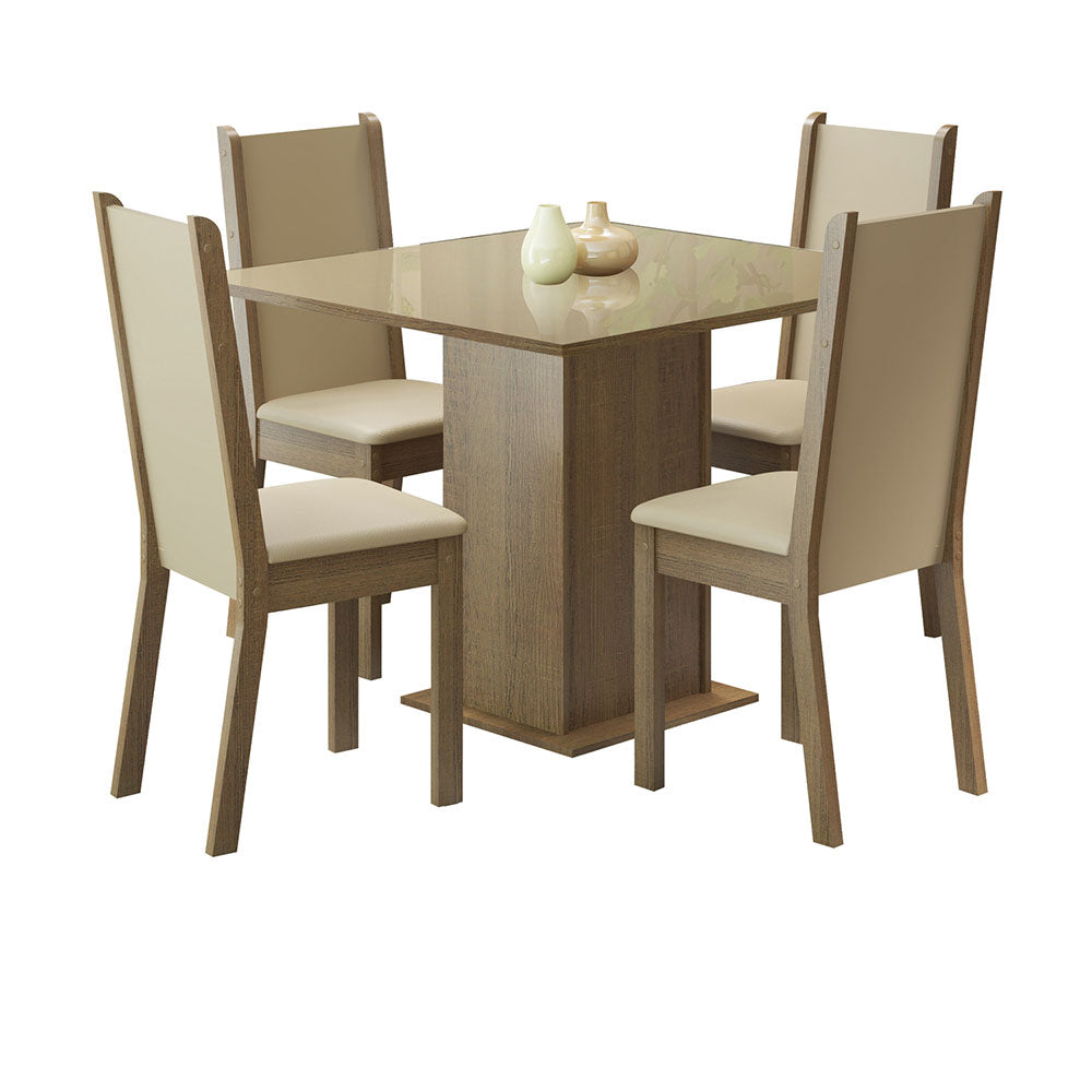 Juego de Comedor Mesa con Encimera de Vidrio y 4 Sillas Marrón/Beige Moscou Plus