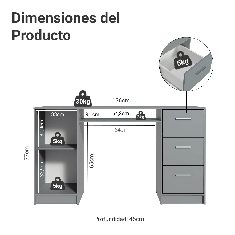 Escritorio Para Pc 3 Cajones 1 Puerta Gris Madesa Alaska