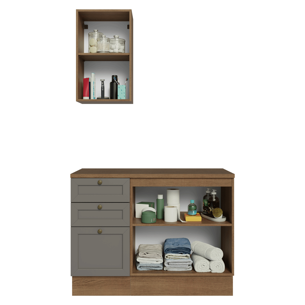 Combo Gabinete Bajo para Baño 110cm 3 Gavetas 3 Puertas Marrón/Gris Vik Madesa 01