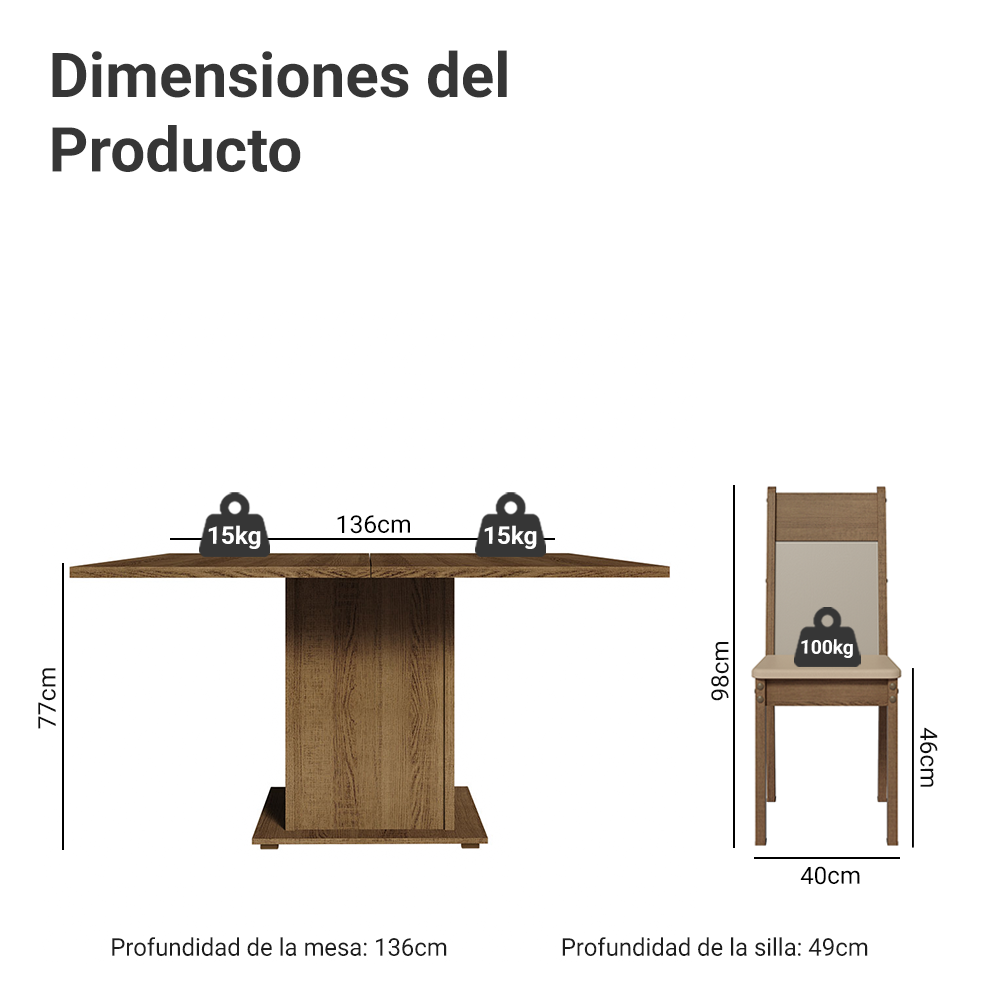 Juego de Comedor Mesa de Madera + 8 Sillas Color Marrón/Crema Tapizadas en Tela Sintética Beige Madesa Panamá