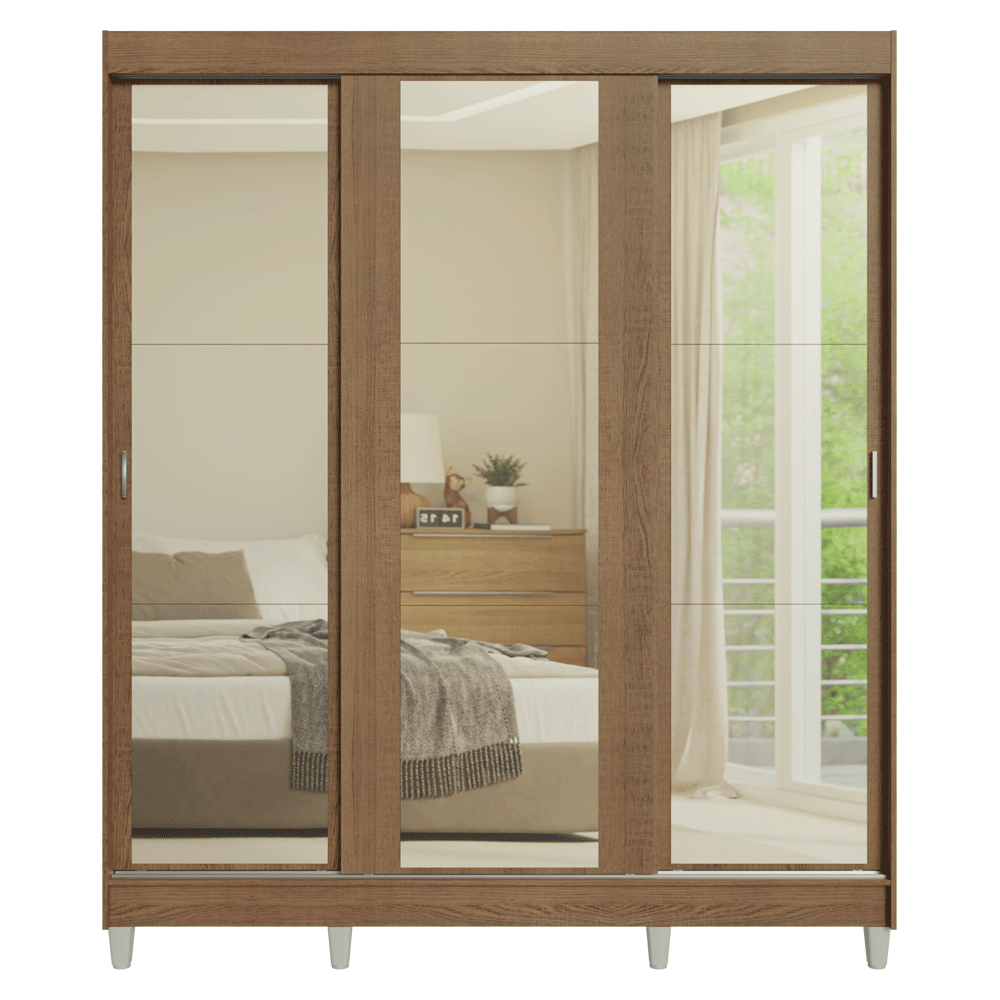 Clóset Matrimonial con Patas 3 Puertas Corredizas de Espejo Marrón Reno Madesa