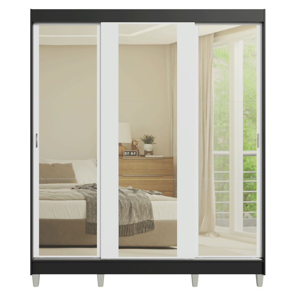 Clóset Matrimonial con Patas 3 Puertas Corredizas de Espejo Negro/Blanco Reno Madesa