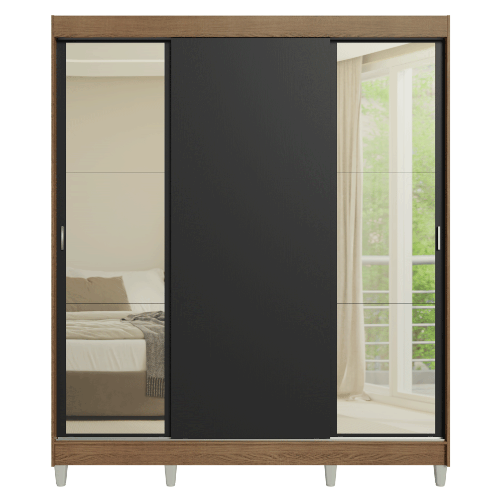 Clóset Matrimonial con Patas 3 Puertas Corredizas con Espejos Marrón/Negro Reno Madesa