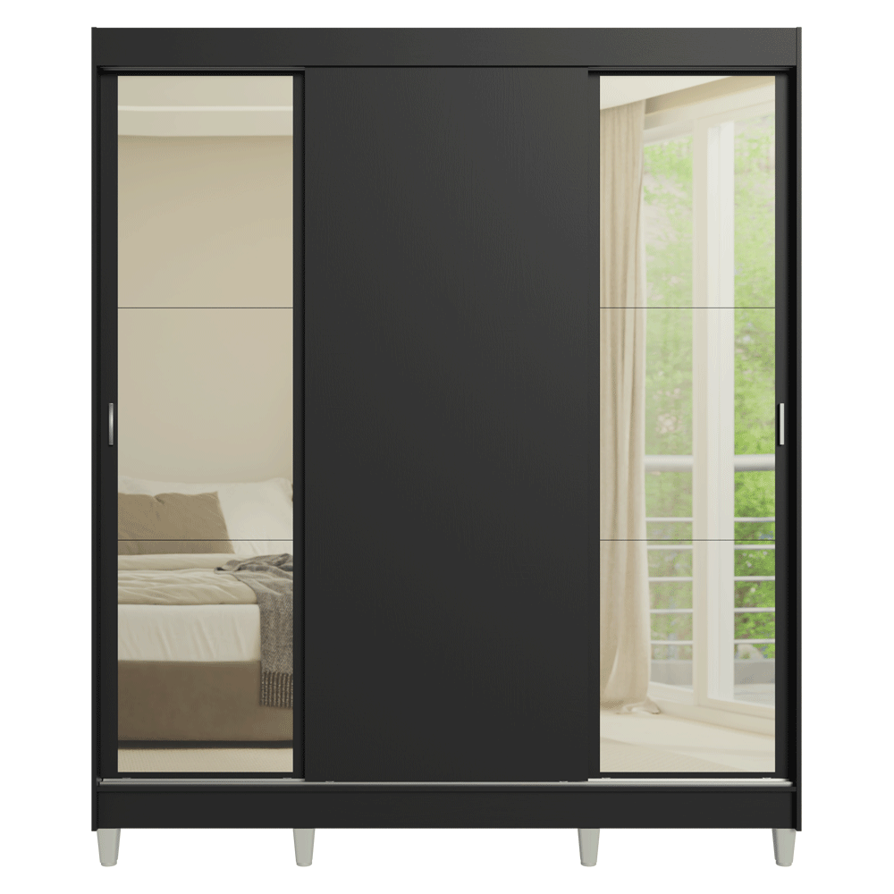 Clóset Matrimonial con Patas 3 Puertas Corredizas con Espejos Negro Reno Madesa
