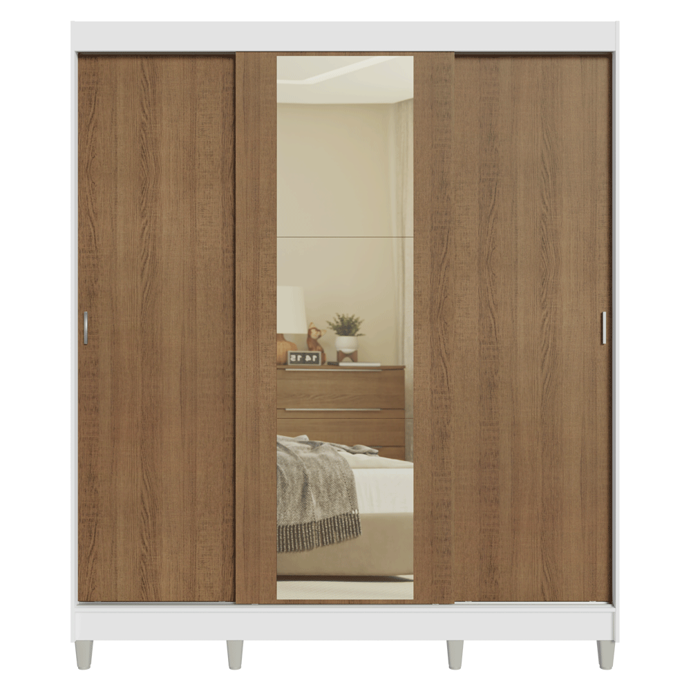Clóset Matrimonial con Patas 3 Puertas Corredizas con Espejo Blanco/Marrón Reno Madesa