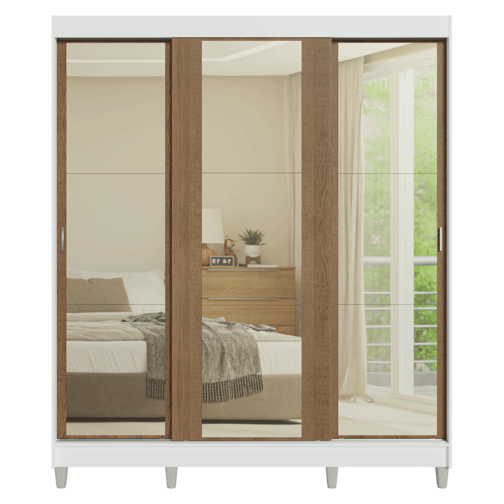 Clóset Matrimonial con Patas 3 Puertas Corredizas de Espejo Blanco/Marrón Reno Madesa