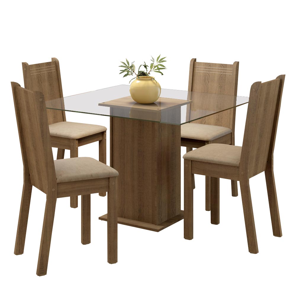 Juego de Comedor Mesa con Encimera de Vidrio y 4 Sillas Rustic/Sintético/Beige Magda