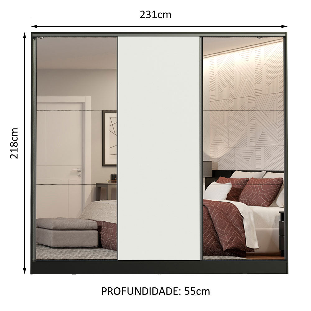 Clóset Matrimonial 100% MDF Royale 3 Puertas Corredizas con Espejos Negro/Blanco