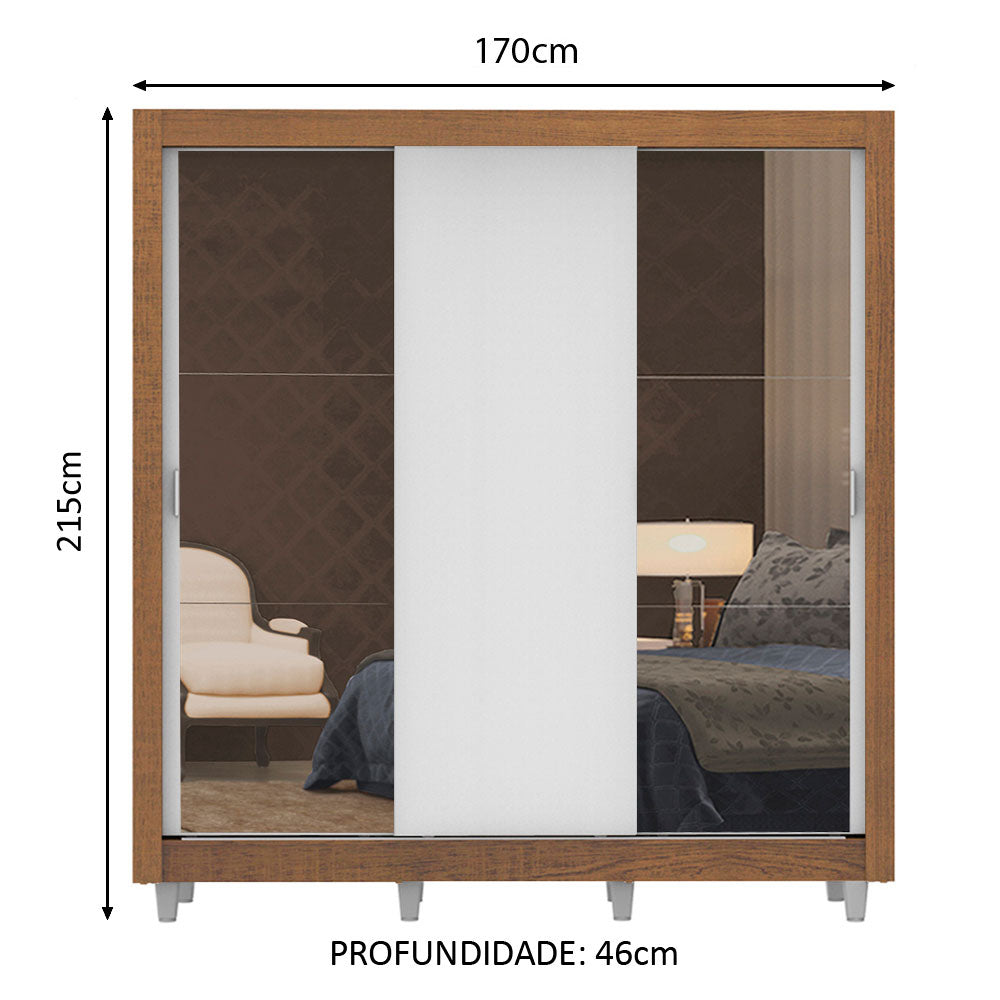 Clóset Matrimonial Lyon 3 Puertas Correderas con Espejos 2 Cajones con Patas Marrón/Blanco