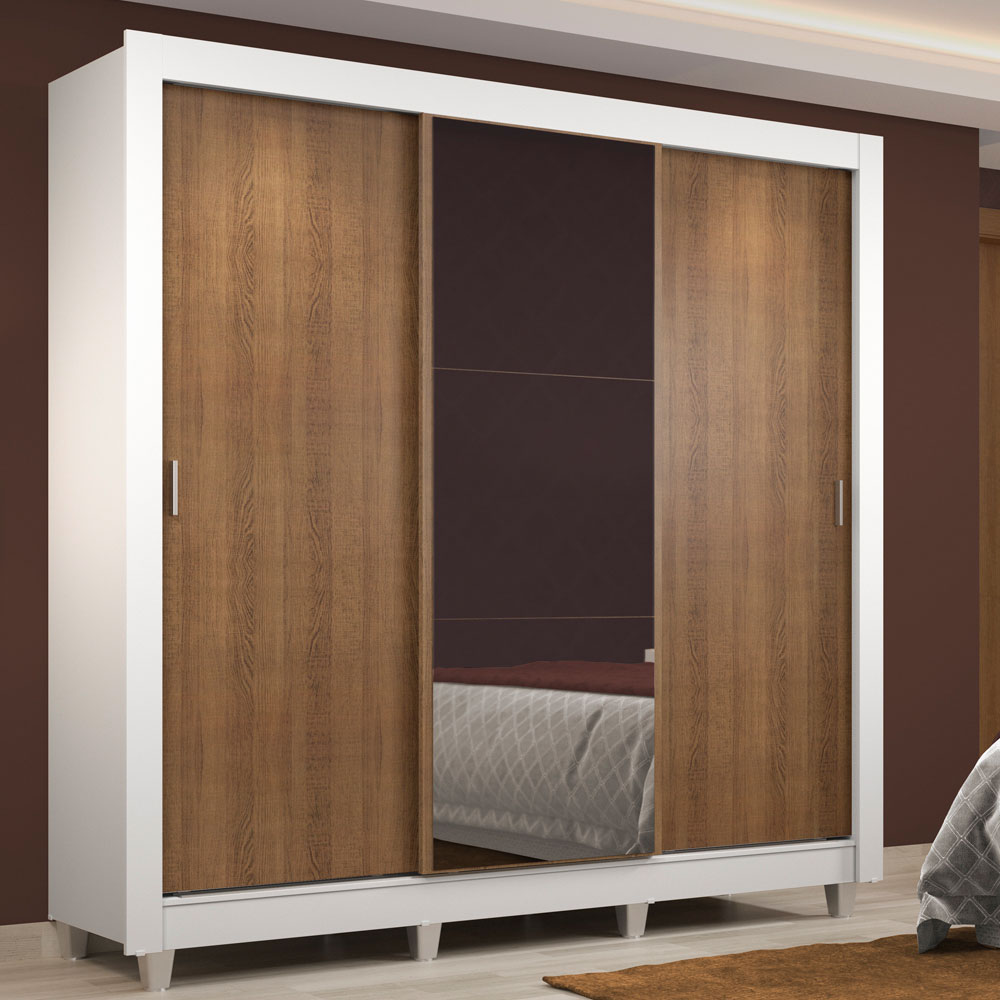 Clóset Matrimonial Lyon 3 Puertas Correderas con Espejo 2 Cajones con Patas Blanco/Marrón