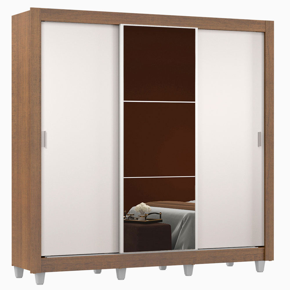 Clóset Matrimonial Mónaco 3 Puertas Correderas con Espejo con Patas Marrón/Blanco