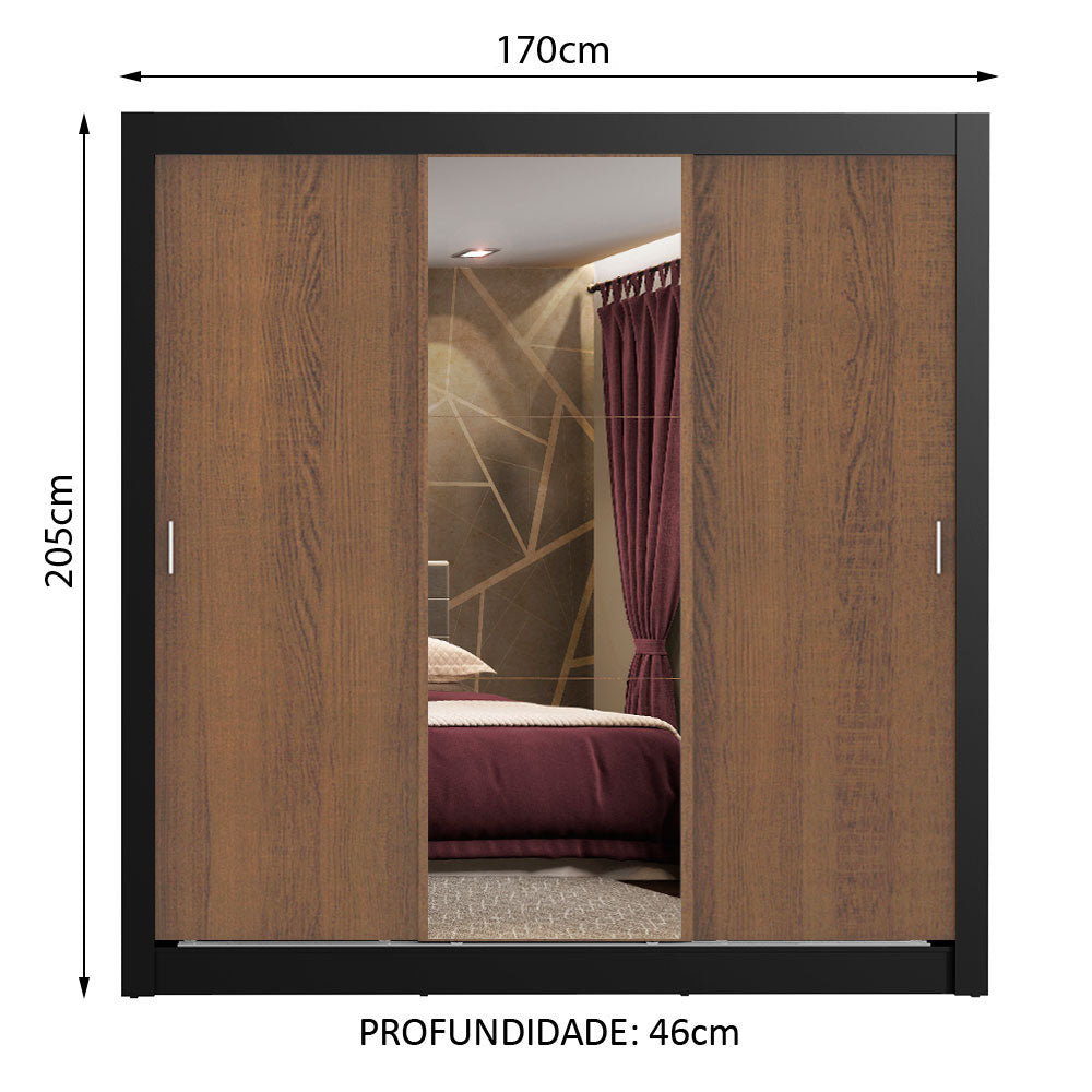 Clóset Matrimonial Lyon Plus 3 Puertas Correderas con Espejo 4 Cajones Negro/Marrón