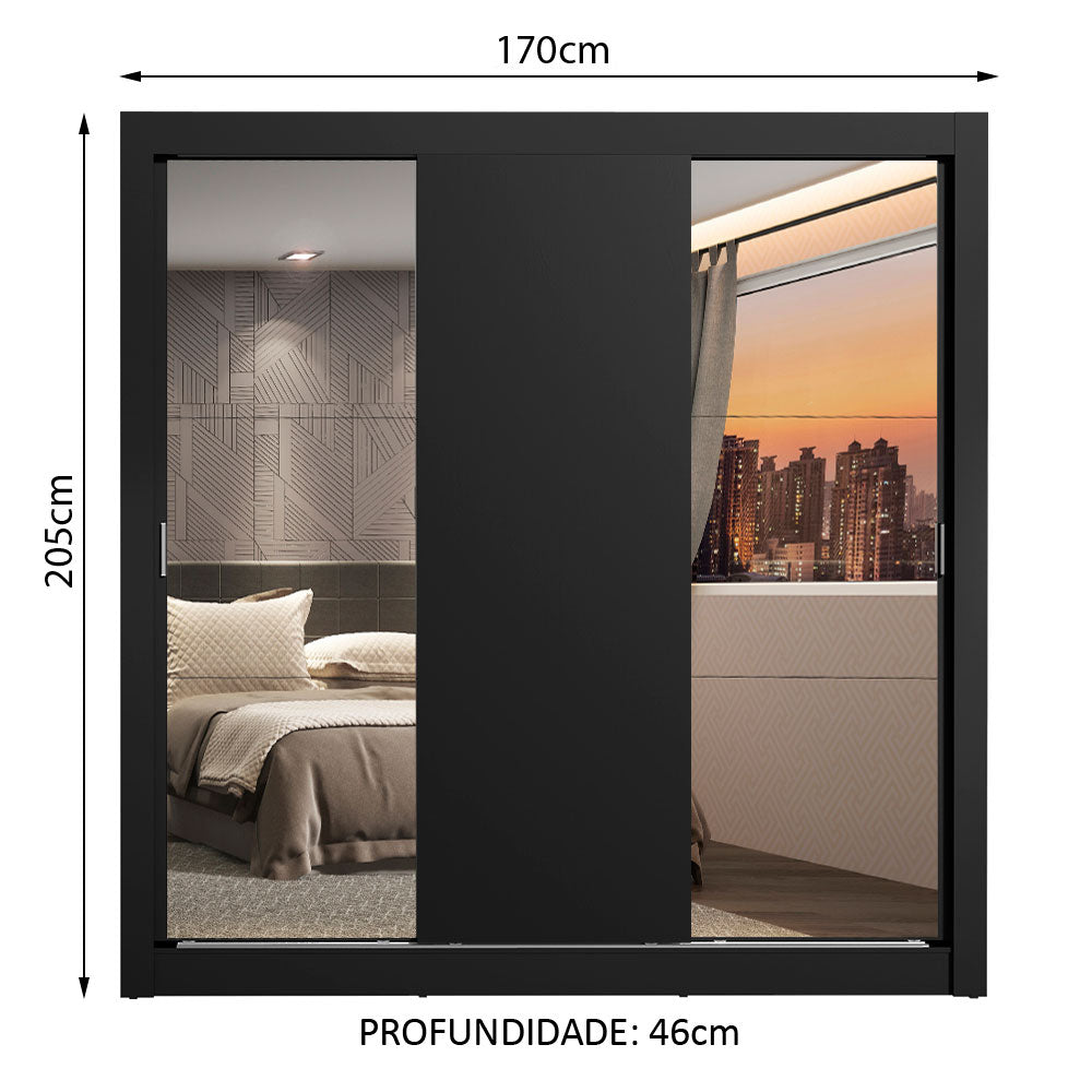 Clóset Matrimonial Lyon 3 Puertas Correderas con Espejos 2 Cajones Negro
