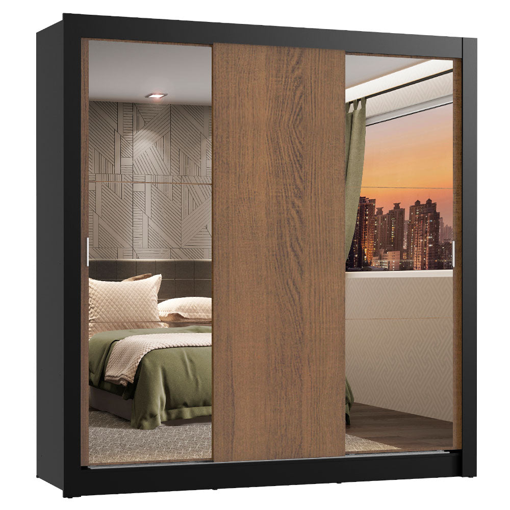 Clóset Matrimonial Lyon 3 Puertas Correderas con Espejos 2 Cajones Marrón/Negro