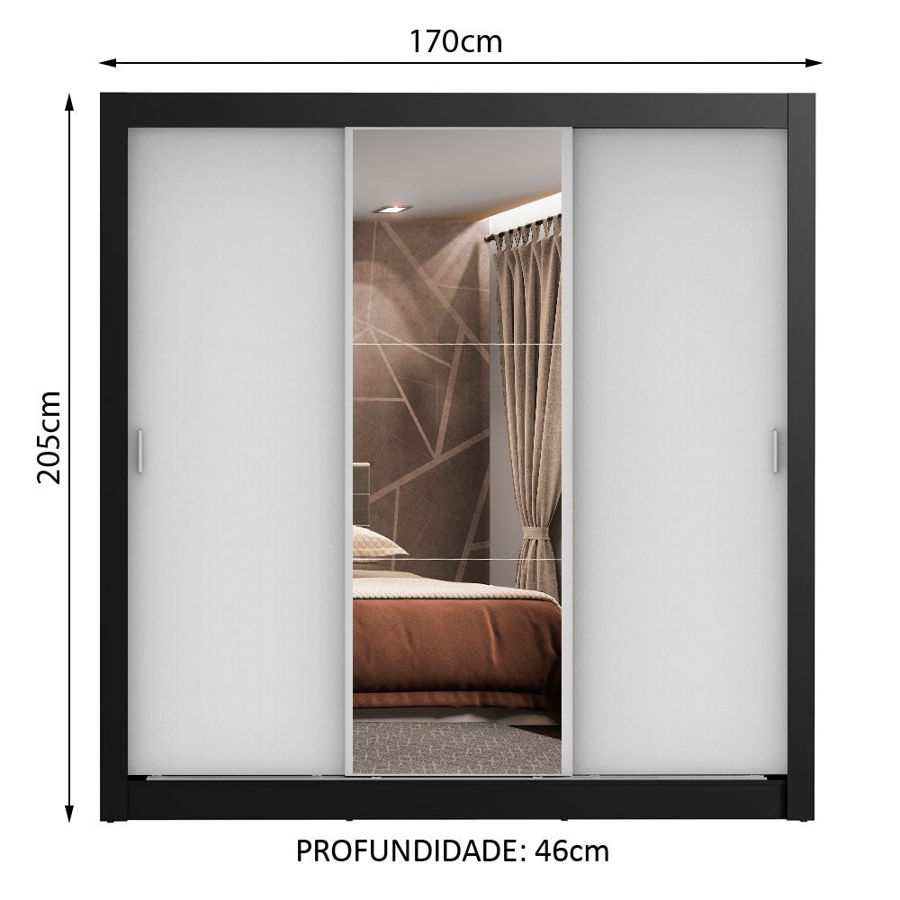 Clóset Matrimonial Lyon Plus 3 Puertas Correderas con Espejo 4 Cajones Negro/Blanco