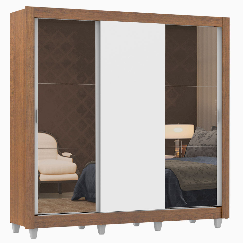 Clóset Matrimonial Lyon 3 Puertas Correderas con Espejos 2 Cajones con Patas Marrón/Blanco