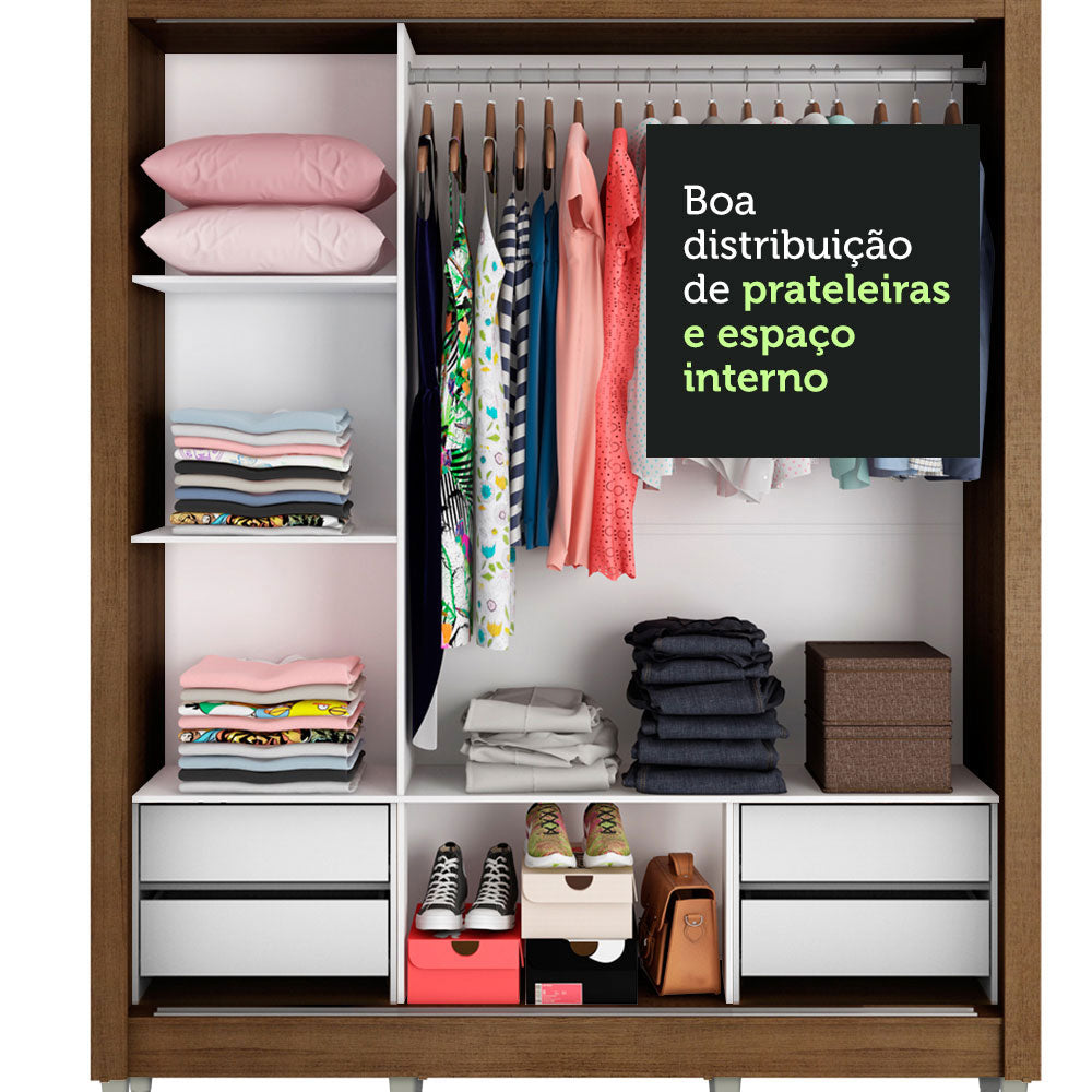 Clóset Matrimonial Lyon Plus 3 Puertas Correderas con Espejos 4 Cajones con Patas Marrón/Blanco