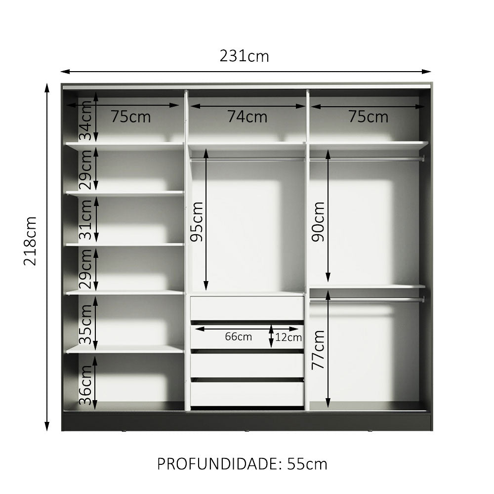 Clóset Matrimonial 100% MDF Royale 3 Puertas Corredizas con Espejo Negro