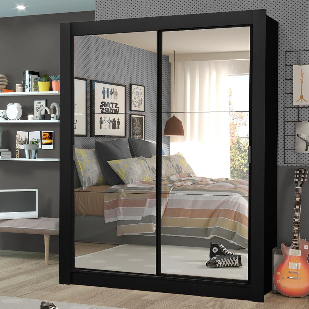 Clóset Soltero Dallas Plus 2 Puertas Correderas de Espejo 4 Cajones Negro