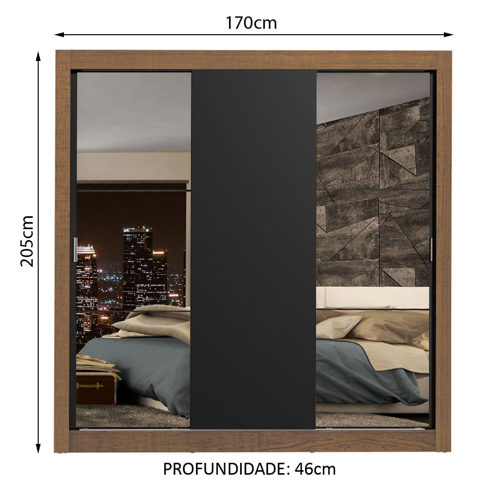 Clóset Matrimonial Lyon Plus 3 Puertas Correderas con Espejos 4 Cajones Marrón/Negro