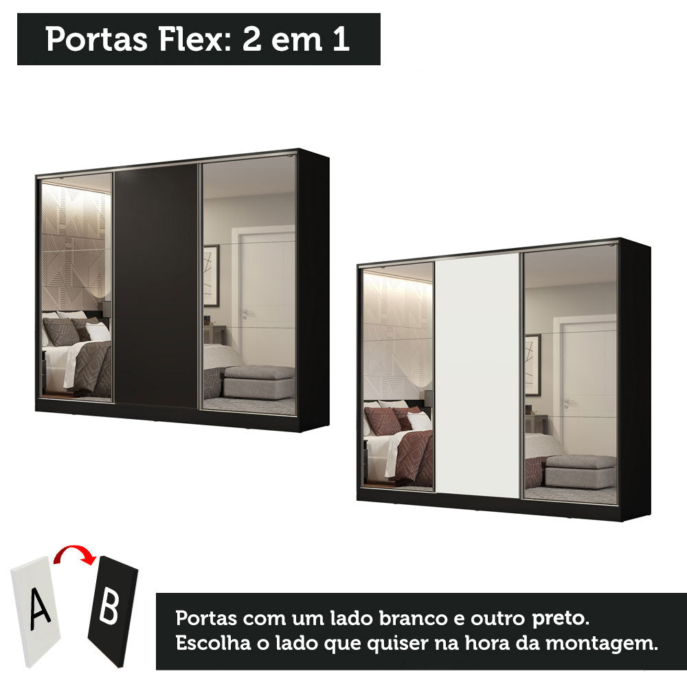 Clóset Matrimonial 100% MDF Royale 3 Puertas Corredizas con Espejos Negro/Blanco