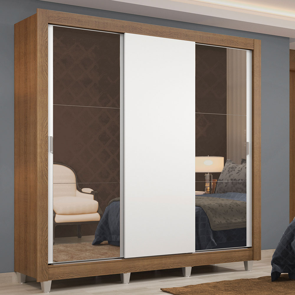 Clóset Matrimonial Lyon 3 Puertas Correderas con Espejos 2 Cajones con Patas Marrón/Blanco