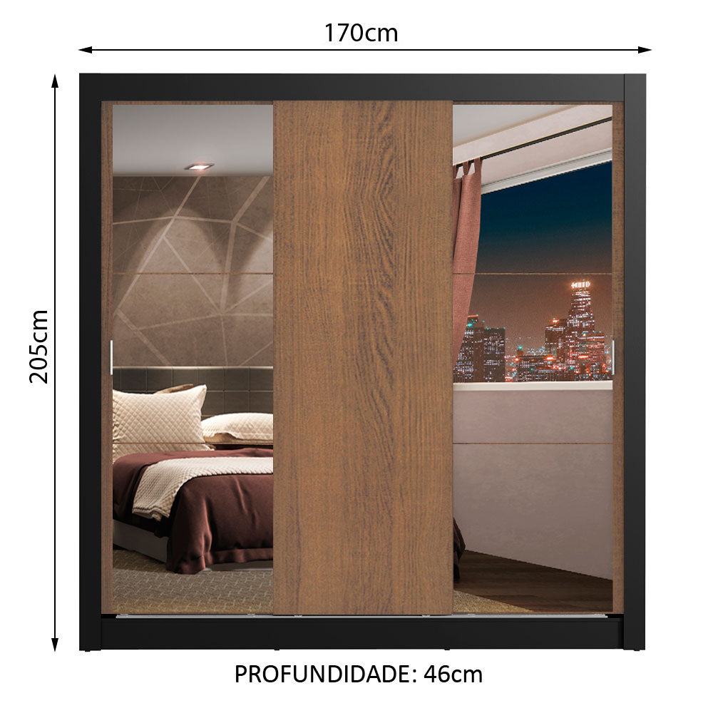 Clóset Matrimonial Lyon Plus 3 Puertas Correderas con Espejos 4 Cajones Marrón/Negro