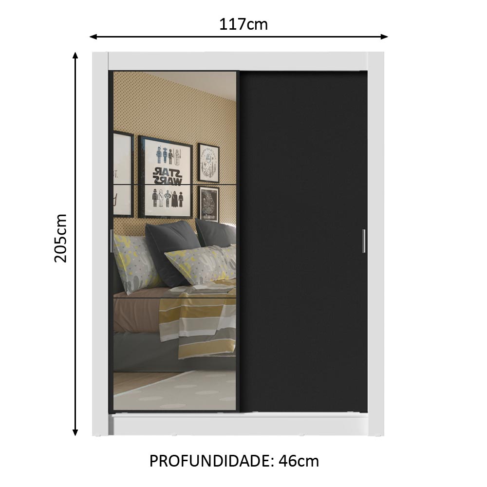 Clóset Soltero Dallas Plus 2 Puertas Correderas con Espejo 4 Cajones Blanco/Negro