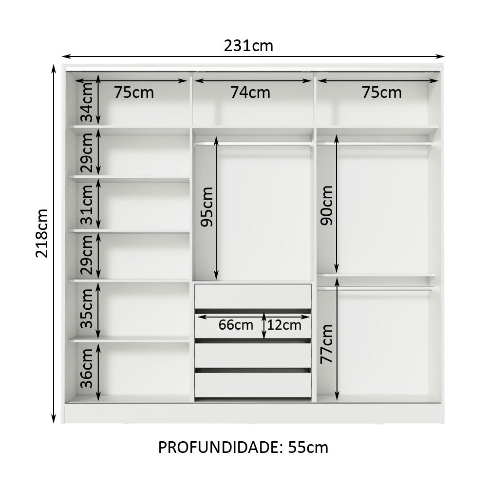 Clóset Matrimonial 100% MDF Royale 3 Puertas Corredizas con Espejo Blanco/Negro