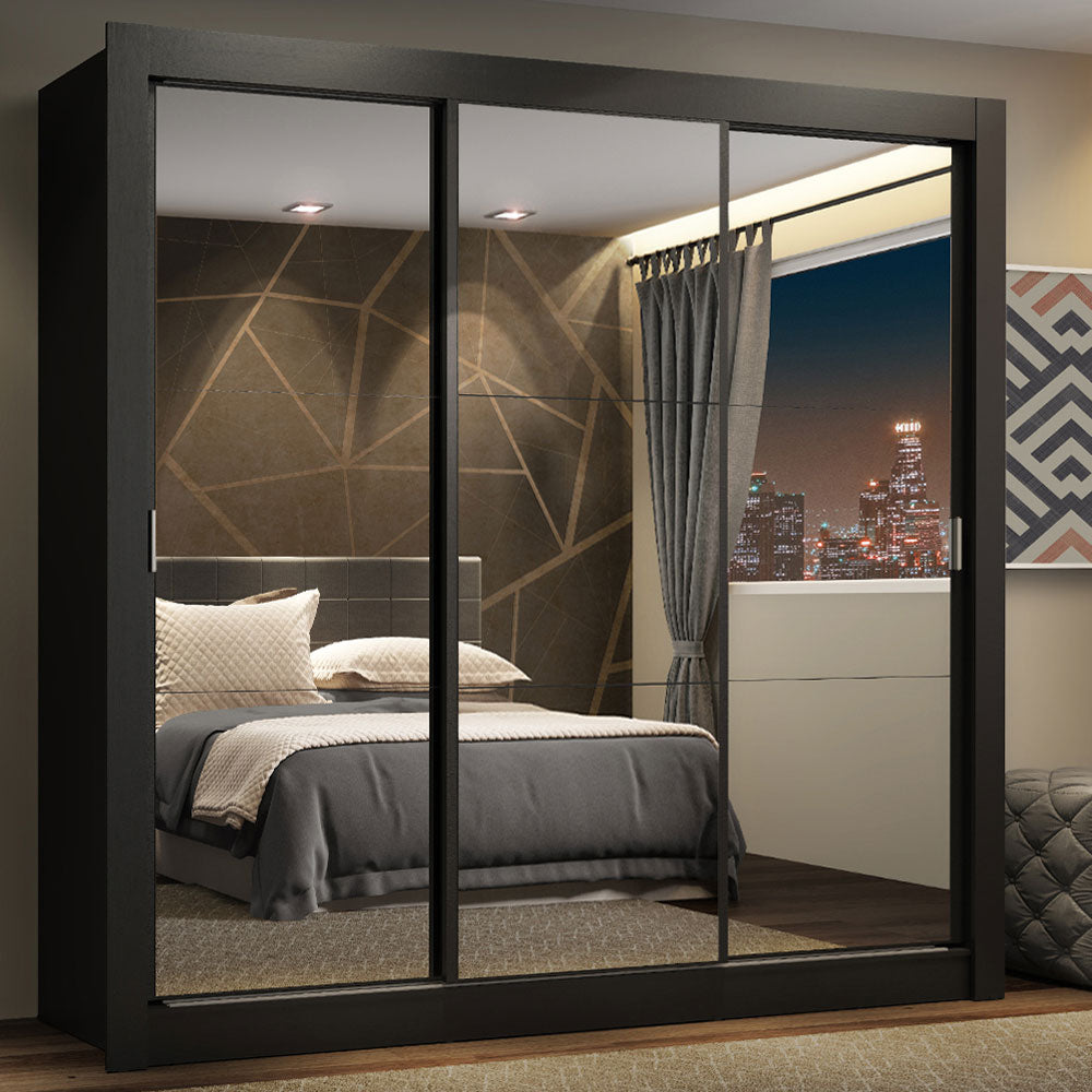 Clóset Matrimonial Lyon Plus 3 Puertas Correderas con Espejo 4 Cajones Negro