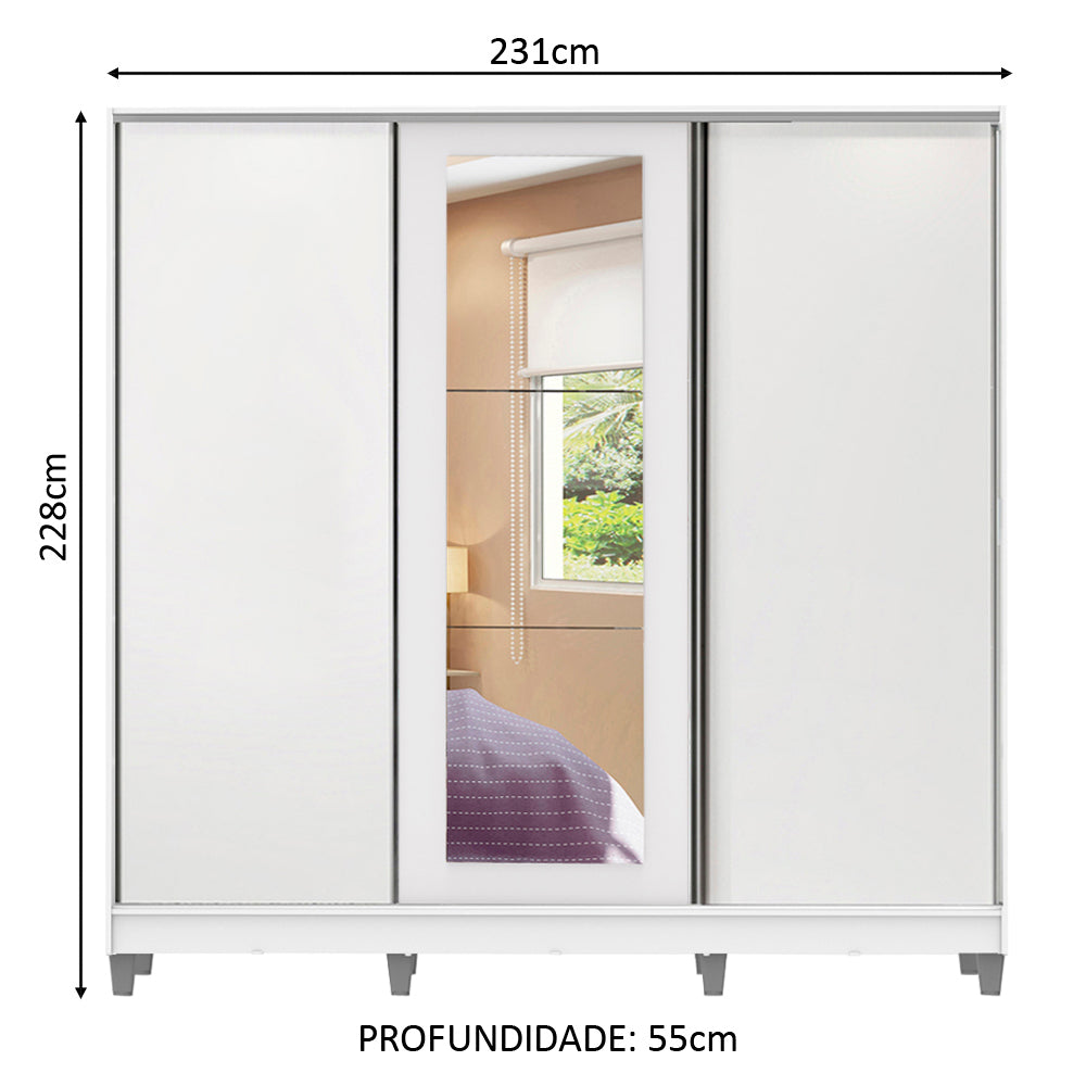 Clóset Matrimonial 100% MDF Eros 3 Puertas Correderas con Espejo con Patas Blanco
