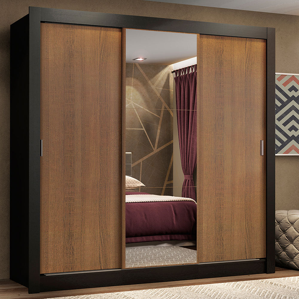 Clóset Matrimonial Lyon Plus 3 Puertas Correderas con Espejo 4 Cajones Negro/Marrón