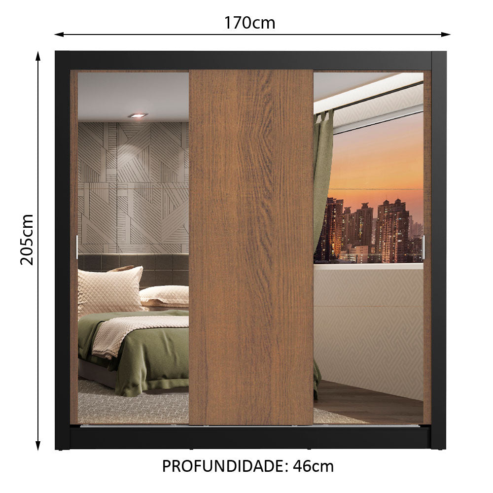 Clóset Matrimonial Lyon 3 Puertas Correderas con Espejos 2 Cajones Marrón/Negro