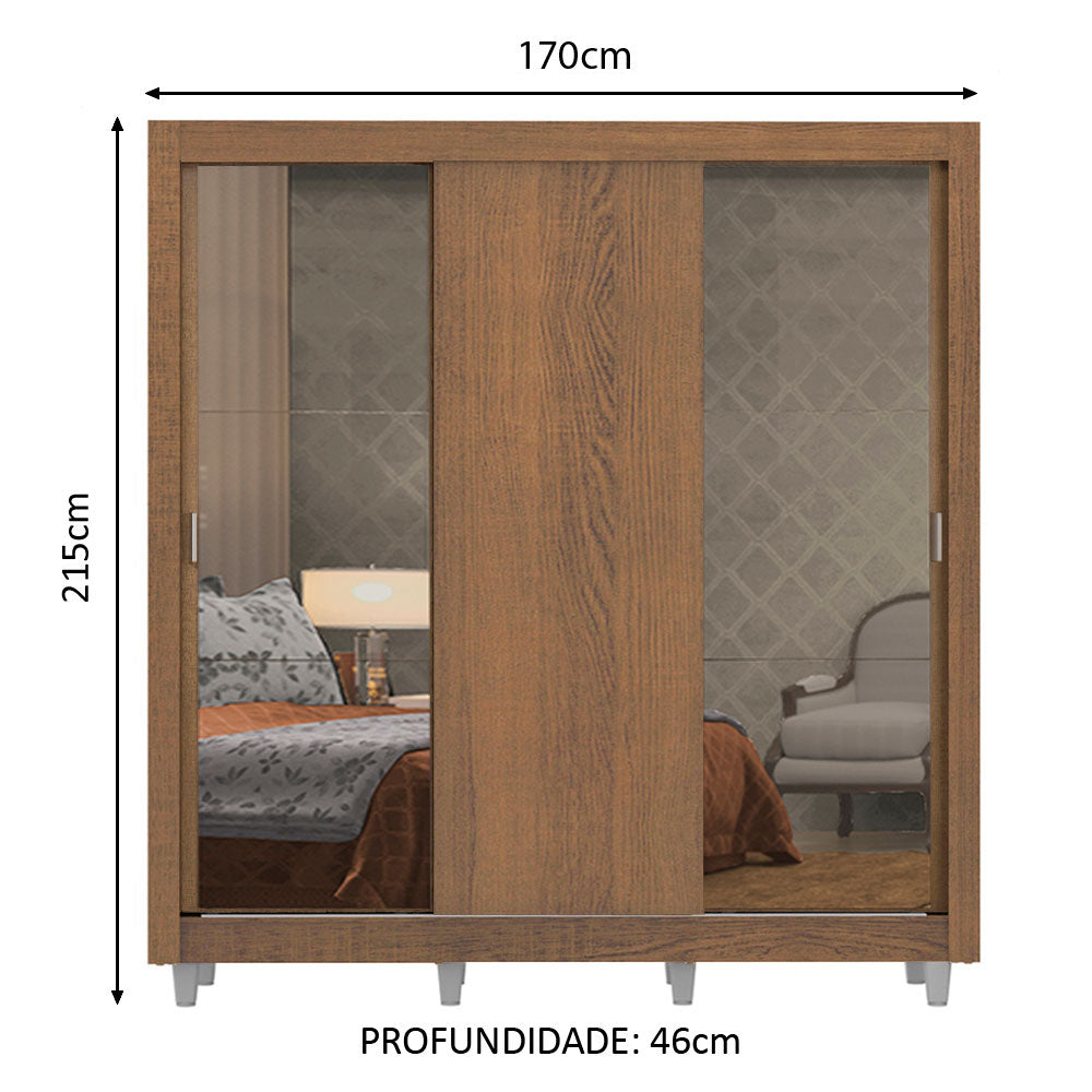 Clóset Matrimonial Lyon Plus 3 Puertas Correderas con Espejos 4 Cajones con Patas Marrón