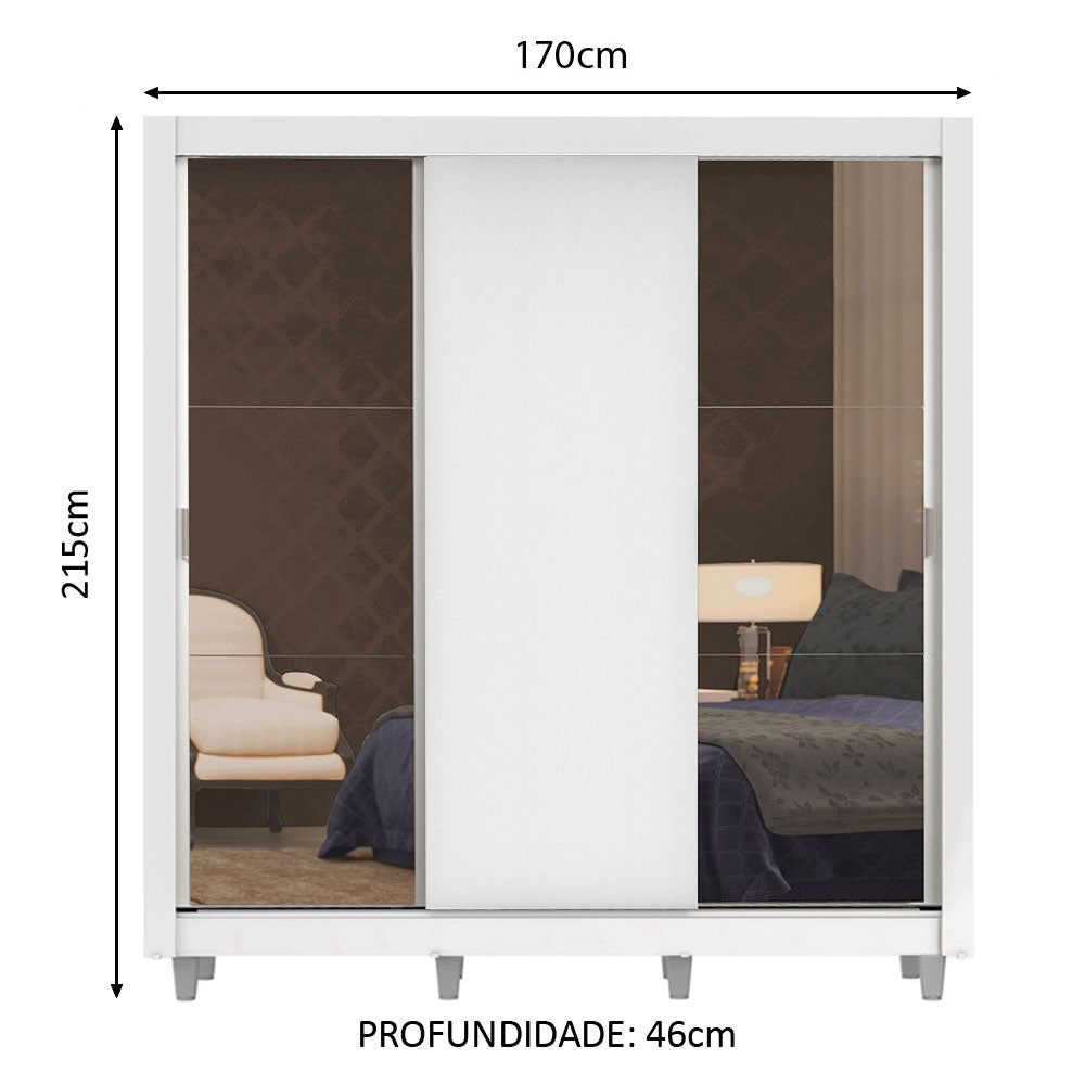 Clóset Matrimonial Lyon 3 Puertas Correderas con Espejos 2 Cajones con Patas Blanco