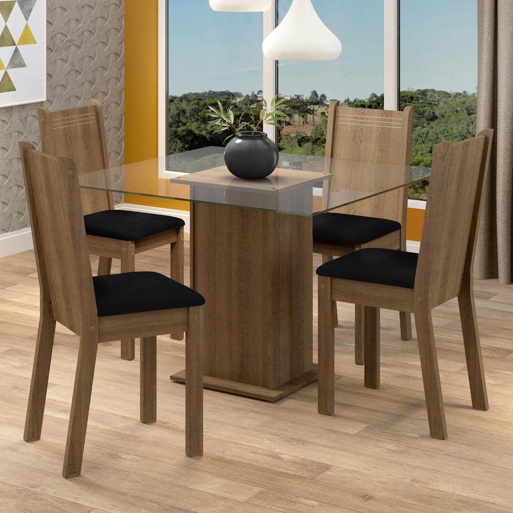 Juego de Comedor Mesa con Encimera de Vidrio 4 Sillas Marrón/Negro Maya