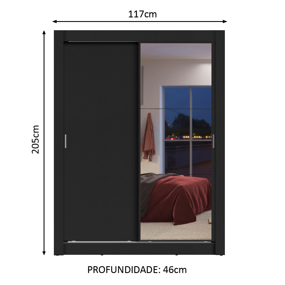 Clóset Soltero Dallas 2 Puertas Correderas con Espejo 2 Cajones Negro