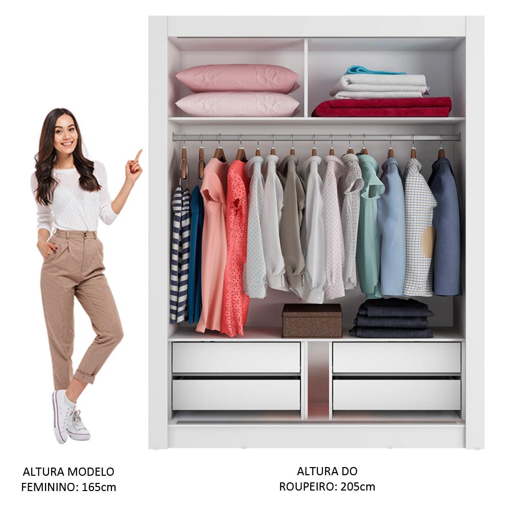 Clóset Soltero Dallas Plus 2 Puertas Correderas con Espejo 4 Cajones Blanco