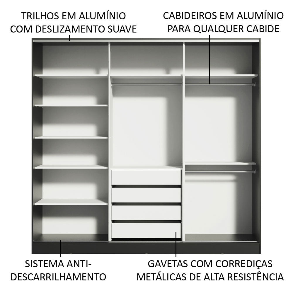 Clóset Matrimonial 100% MDF Royale 3 Puertas Corredizas con Espejo Negro/Blanco