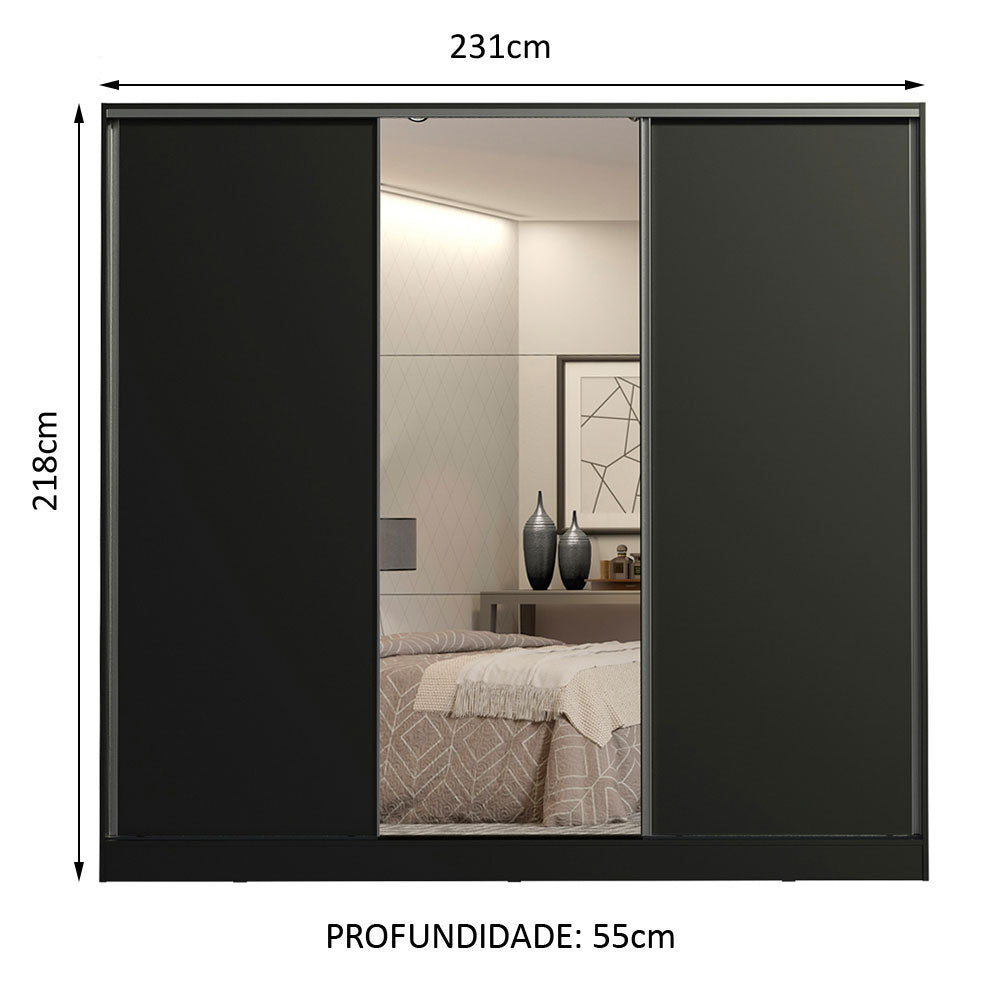Clóset Matrimonial 100% MDF Royale 3 Puertas Corredizas con Espejo Negro