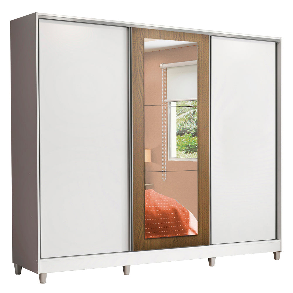Clóset Matrimonial 100% MDF Eros 3 Puertas Correderas con Espejo con Patas Blanco/Blanco/Marrón
