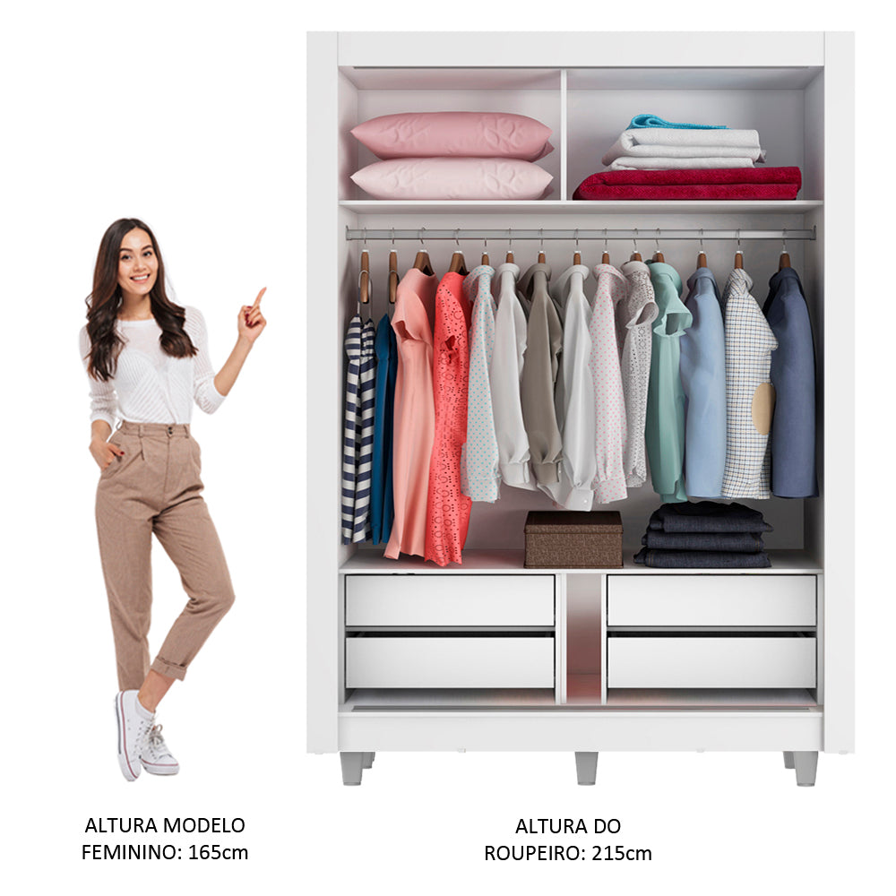Clóset Soltero Dallas Plus 2 Puertas Correderas con Espejo 4 Cajones con Patas Blanco