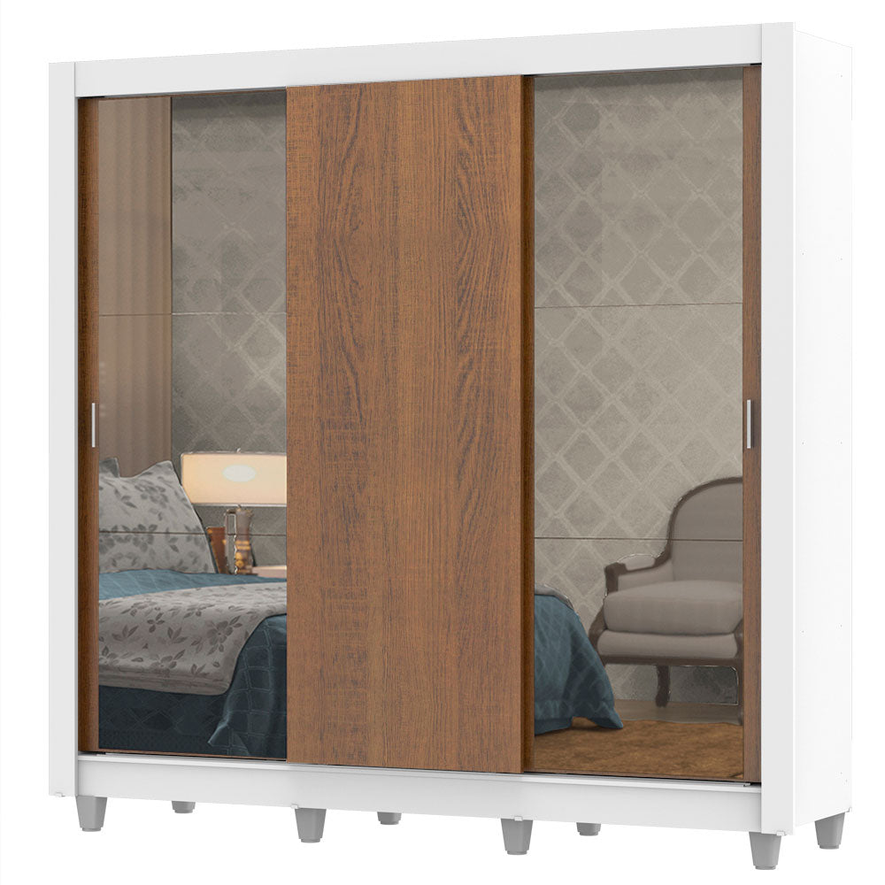 Clóset Matrimonial Lyon Plus 3 Puertas Correderas con Espejos 4 Cajones con Patas Blanco/Marrón