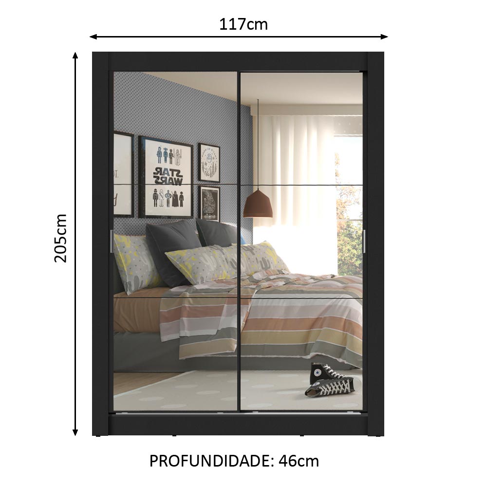 Clóset Soltero Dallas Plus 2 Puertas Correderas de Espejo 4 Cajones Negro