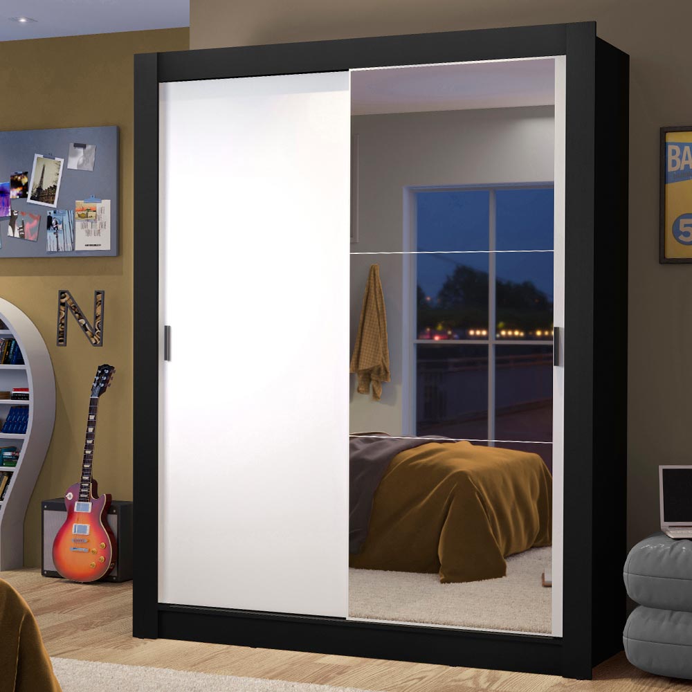 Clóset Soltero Dallas 2 Puertas Correderas con Espejo 2 Cajones Negro/Blanco