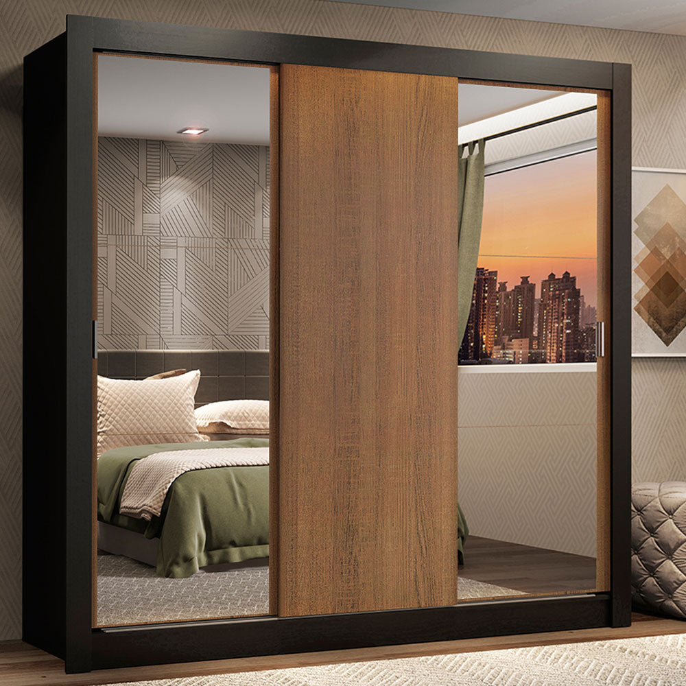 Clóset Matrimonial Lyon 3 Puertas Correderas con Espejos 2 Cajones Marrón/Negro