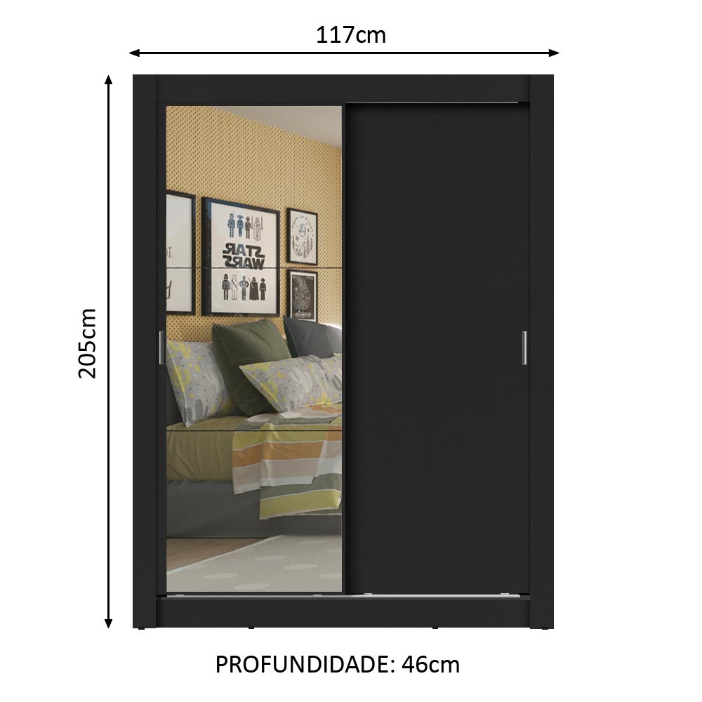 Clóset Soltero Dallas Plus 2 Puertas Correderas con Espejo 4 Cajones Negro