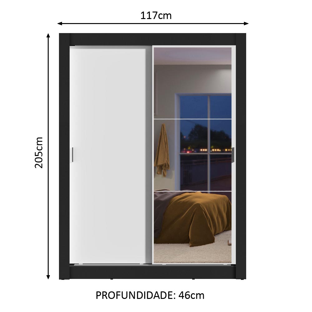 Clóset Soltero Dallas 2 Puertas Correderas con Espejo 2 Cajones Negro/Blanco