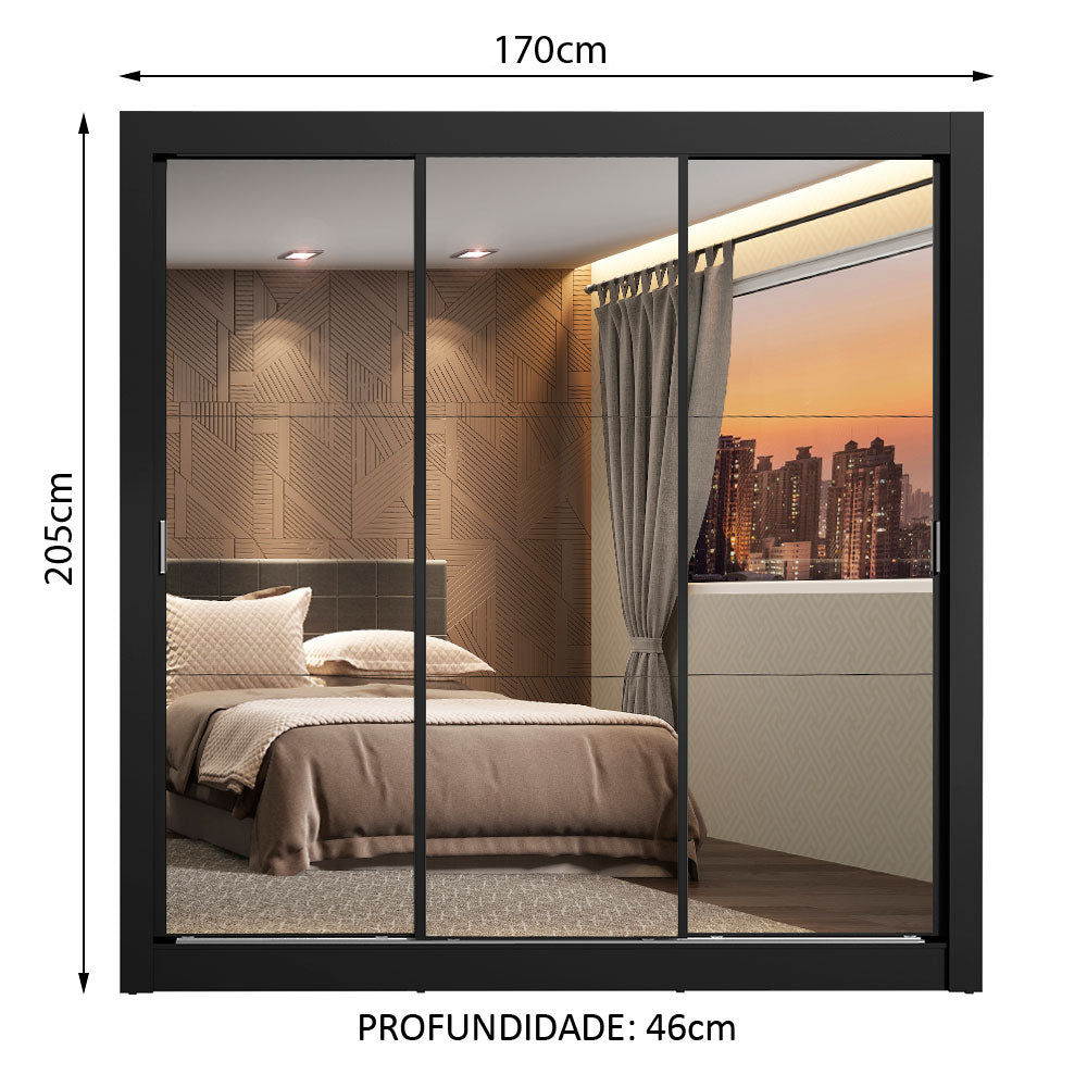 Clóset Matrimonial Lyon 3 Puertas Correderas con Espejo 2 Cajones Negro